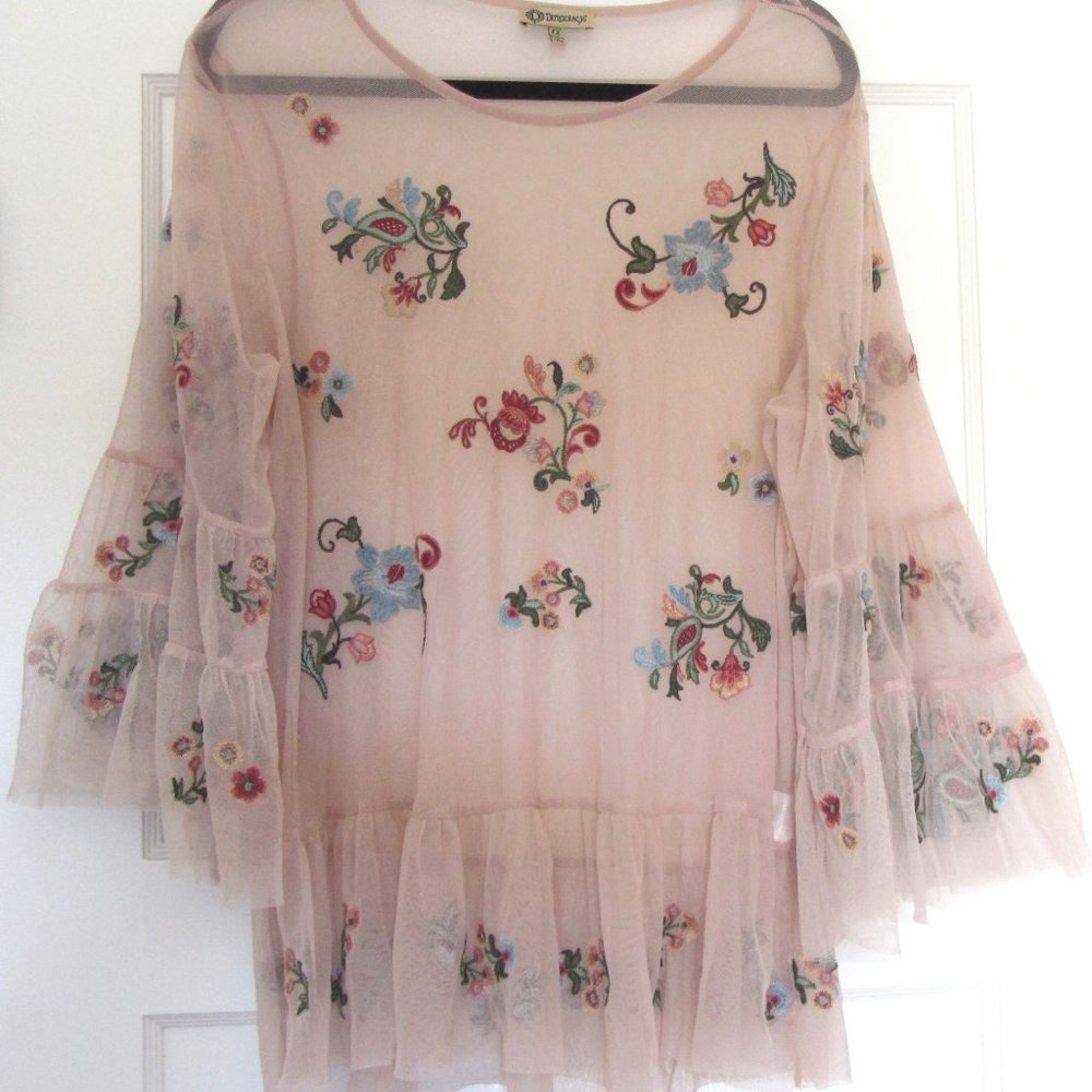 Democracy Top, Sheer, Floral, Peplum, Rose Pink, Long Sleeves, Size 1X